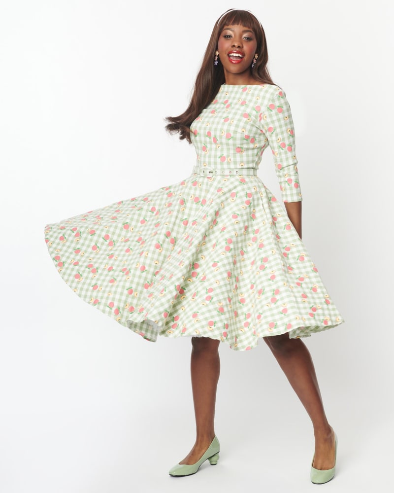 Unique Vintage Green Peach Gingham Devon Swing Dress Green White